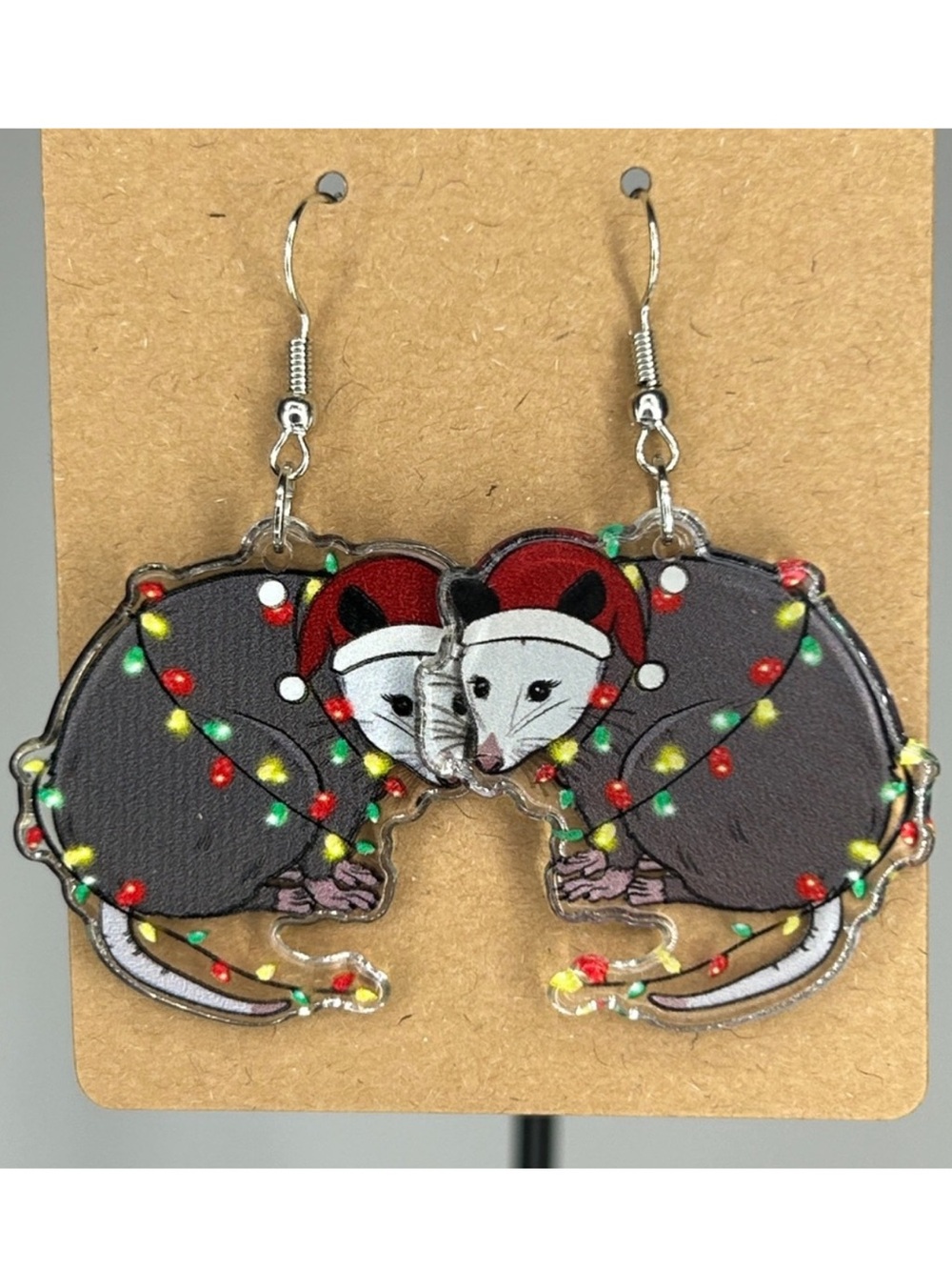 Christmas Possum with Santa hat and lights Earrings 2D Acrylic Cartoon